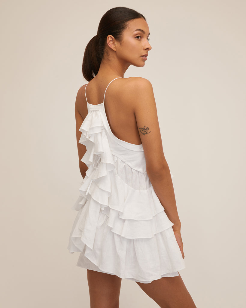 Lucia Tiered Mini Dress in Linen White | MARISSA WEBB