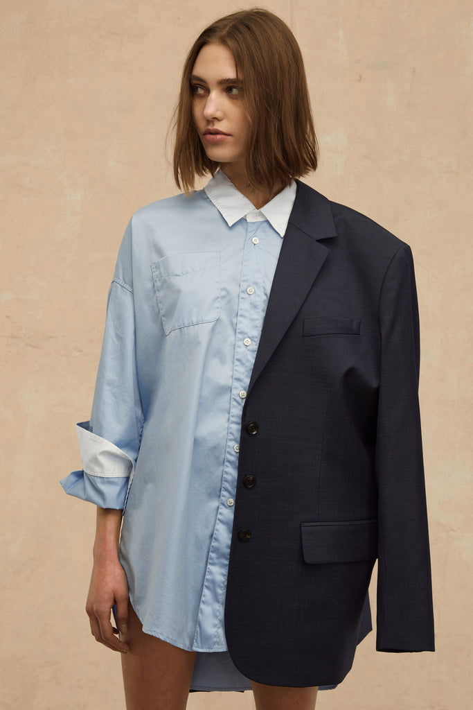 Davie Sateen Mini Dress Shirt Periwinkle White Combo | MARISSA WEBB
