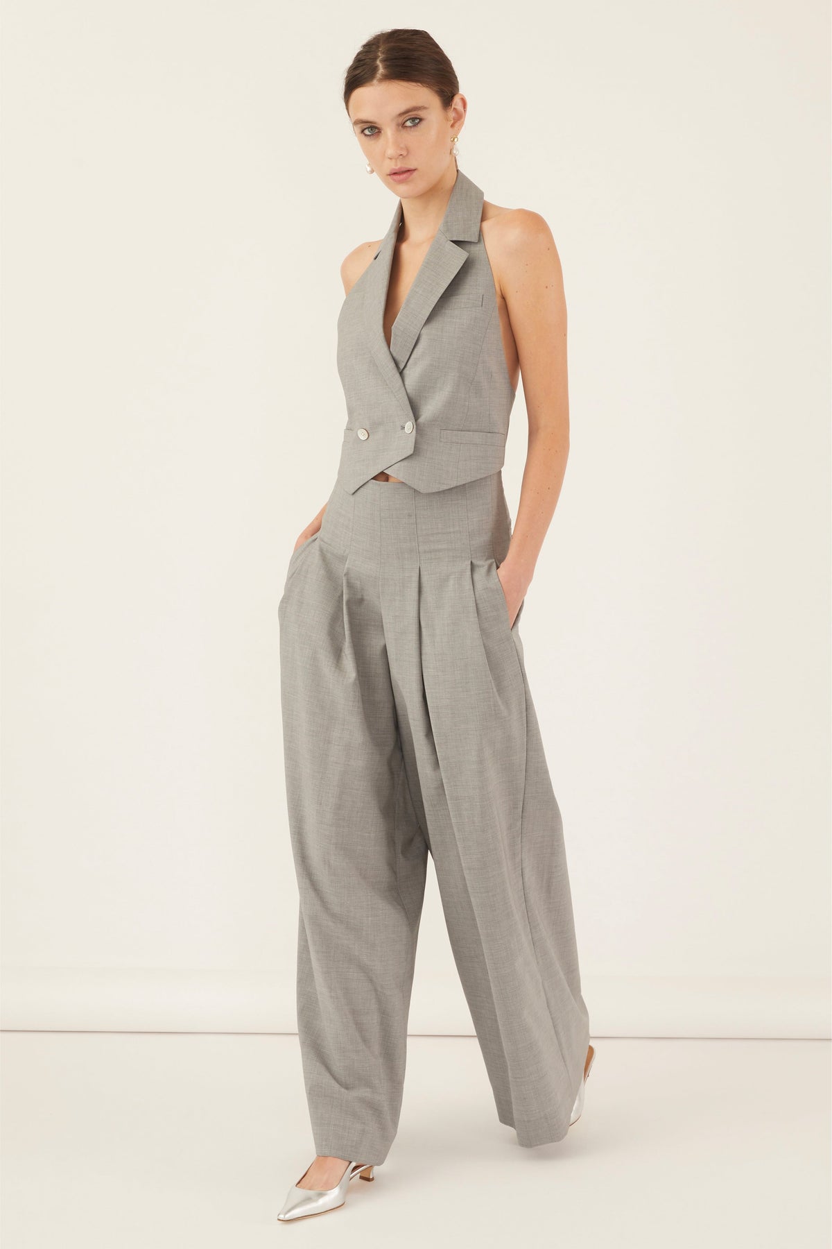 Ava Open Back Cropped Tuxedo Vest in Dove Grey | MARISSA WEBB