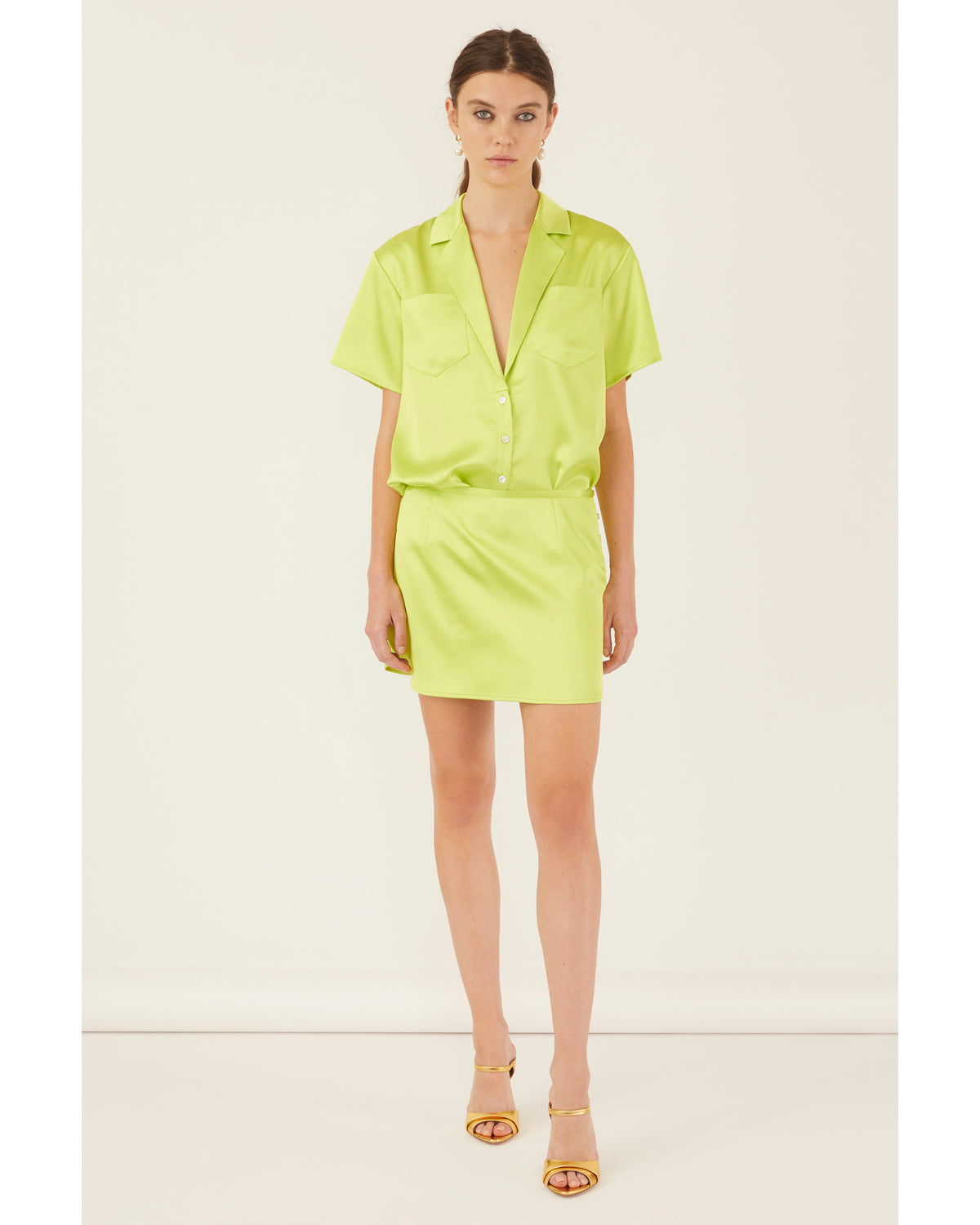 Margo Satin Notch Collar Camp Shirt in Neon Lime | MARISSA WEBB