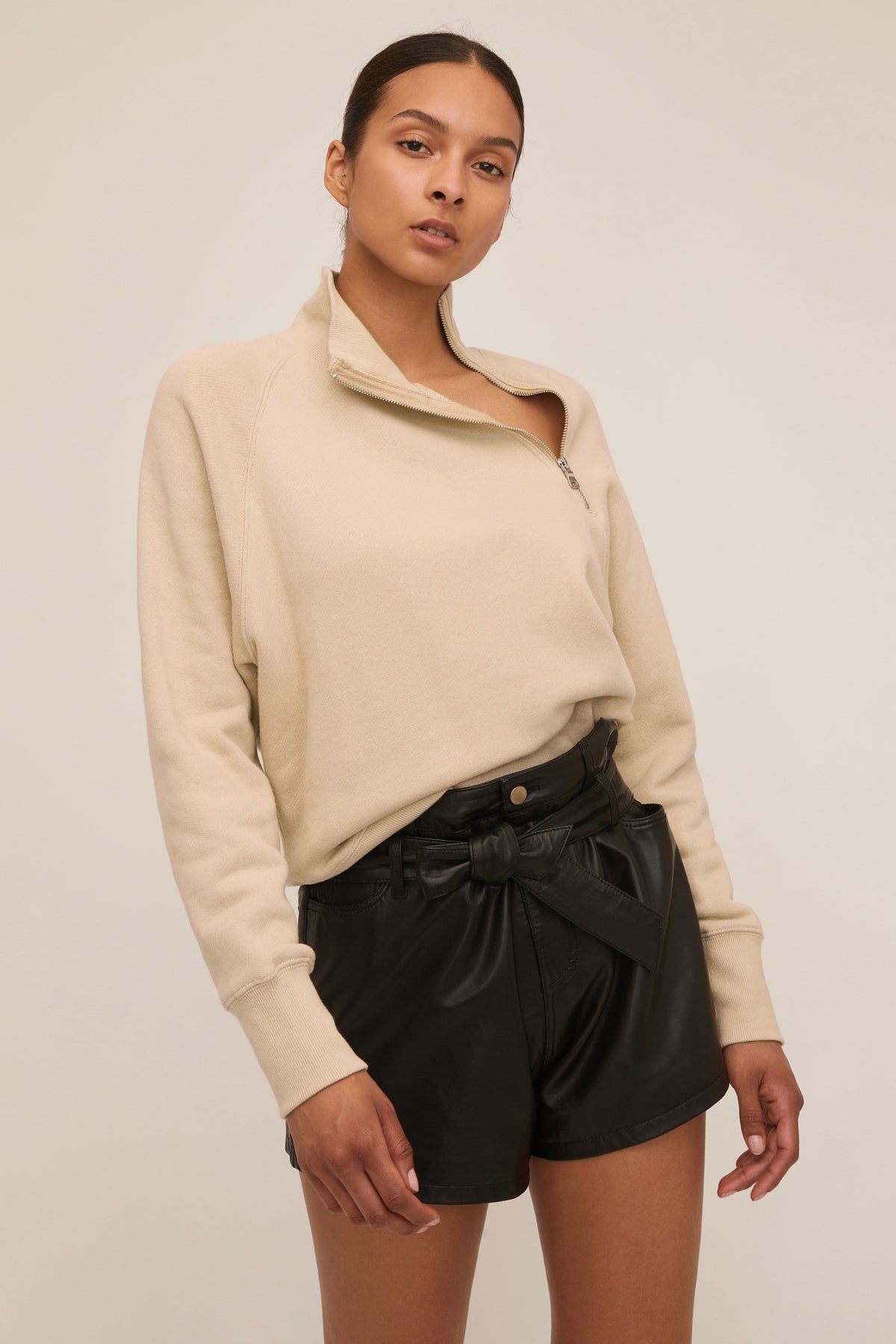 So Uptight French Terry Funnel Neck Zip Sweatshirt in Sand