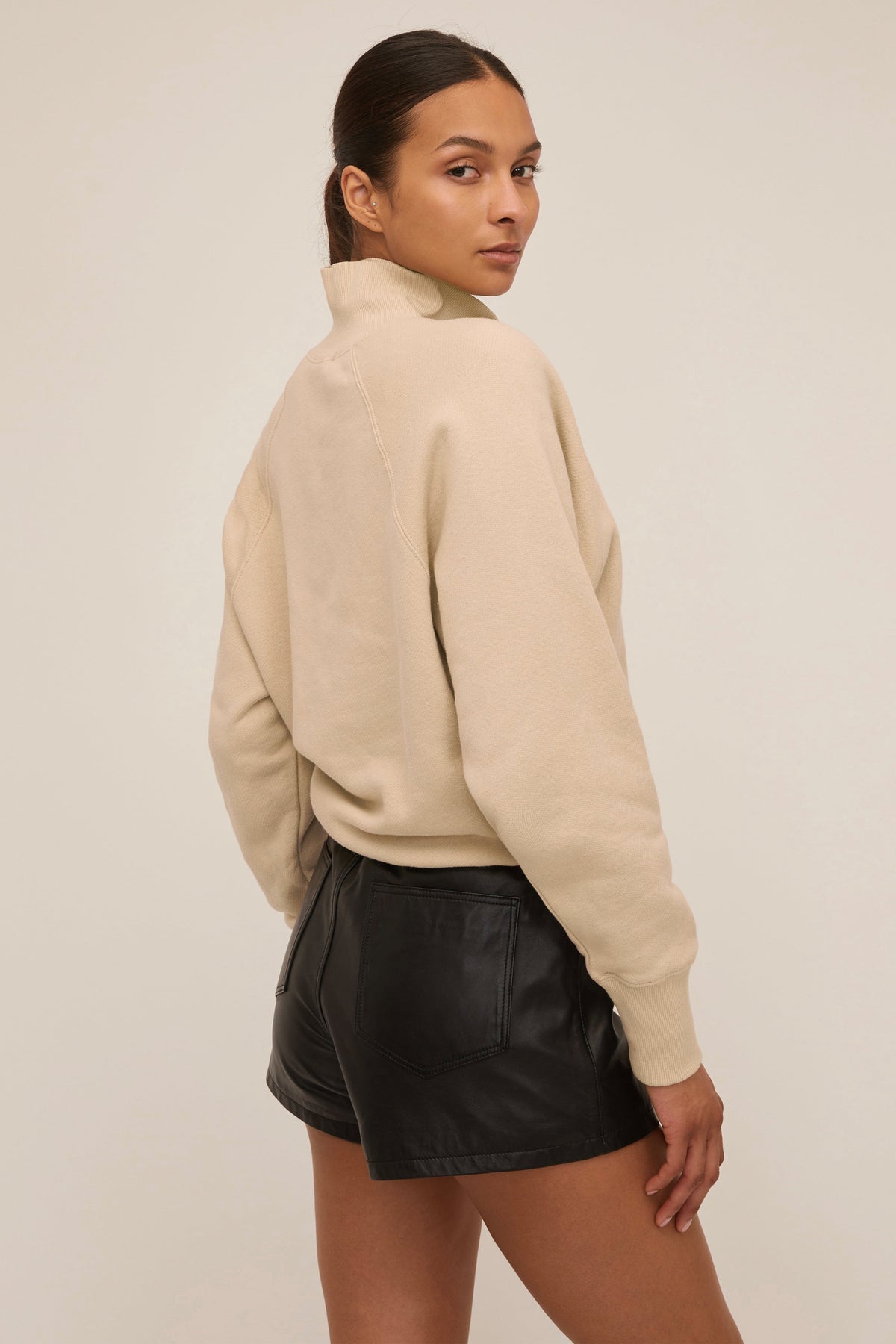 So Uptight French Terry Funnel Neck Zip Sweatshirt in Sand