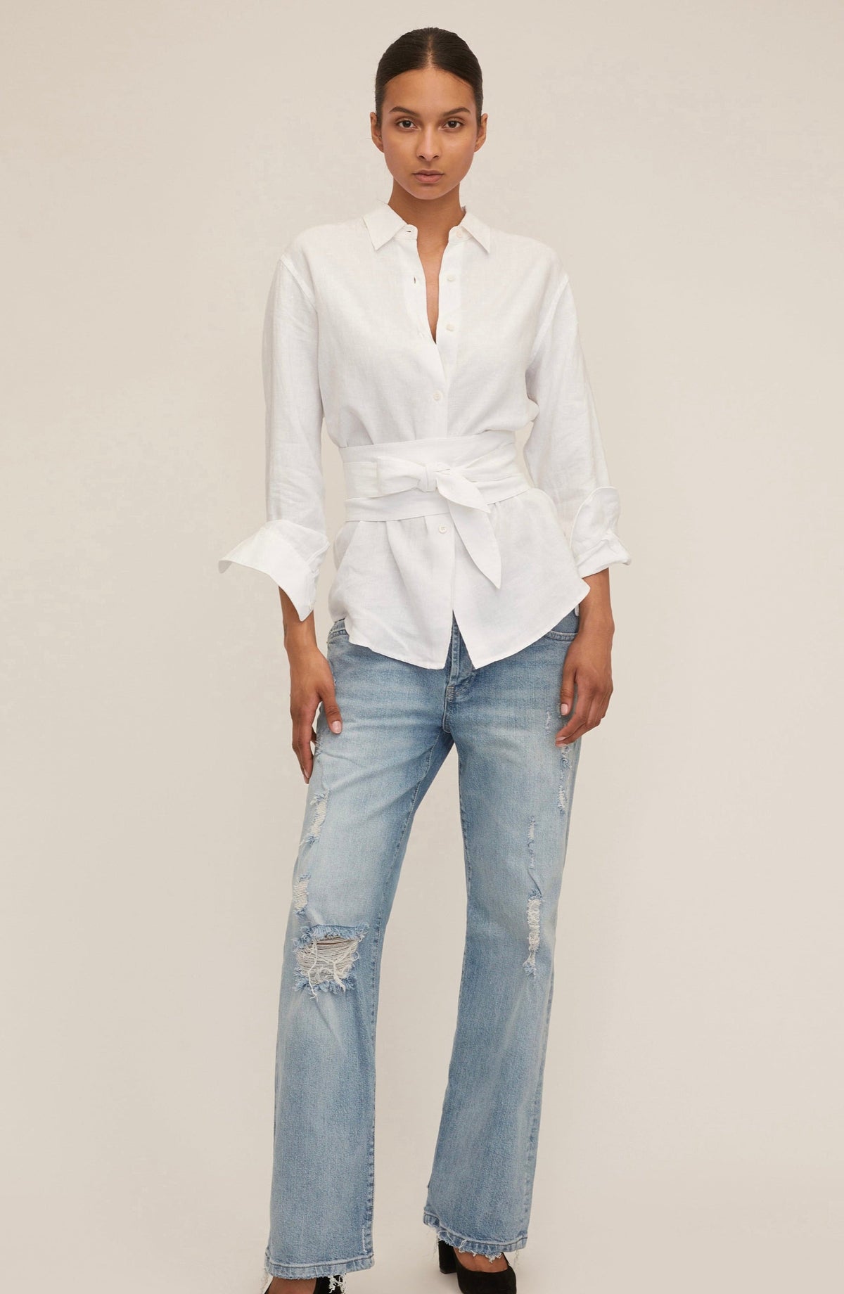 Dallas Linen Boyfriend Button Down with Obi Belt