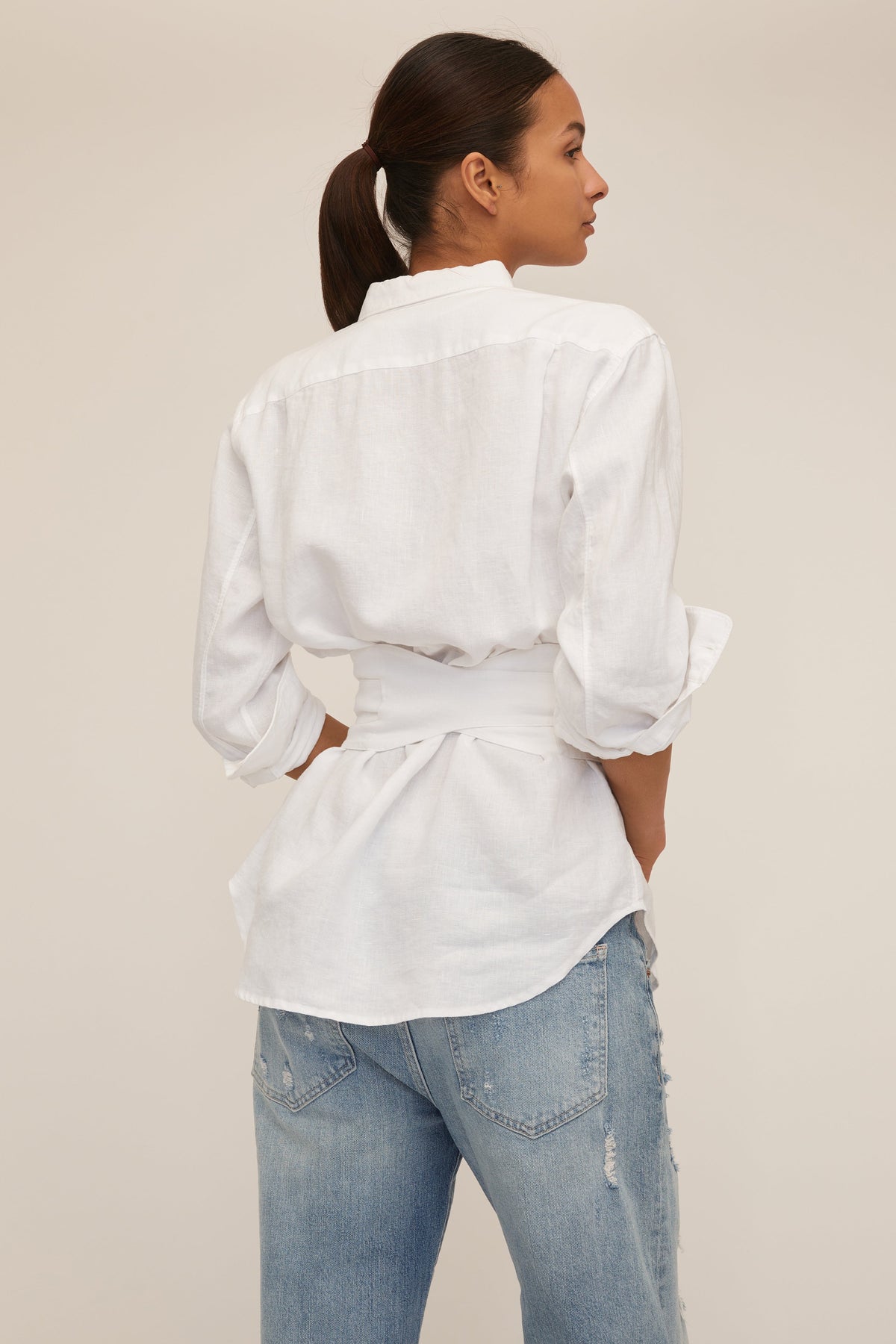 Dallas Linen Boyfriend Button Down with Obi Belt