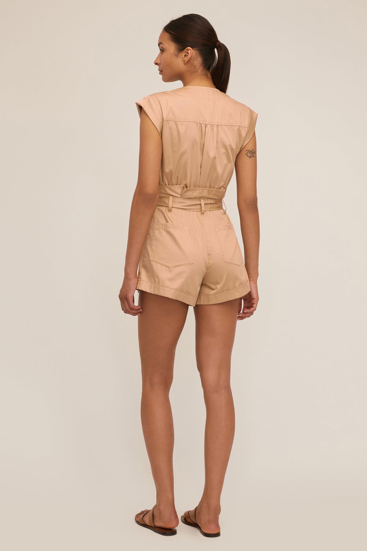 Dixon Paper Bag Sateen Romper in Latte | MARISSA WEBB
