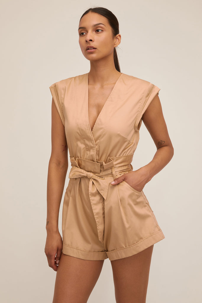 Dixon Paper Bag Sateen Romper in Latte | MARISSA WEBB