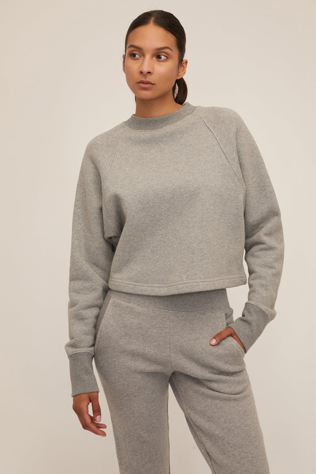 So Uptight Cropped Raglan French Terry Sweatshirt in Heather Grey