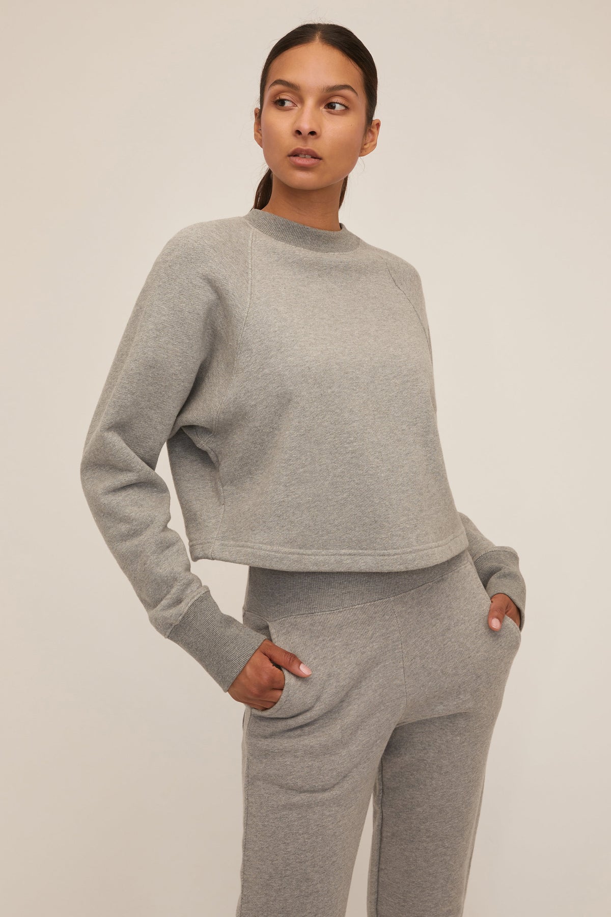 So Uptight Cropped Raglan French Terry Sweatshirt in Heather Grey