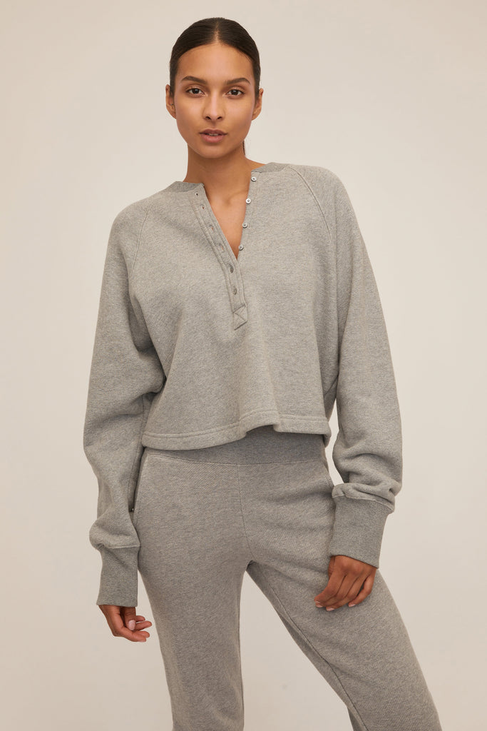 So Uptight French Terry Plunge Henley Sweatshirt in Heather Grey