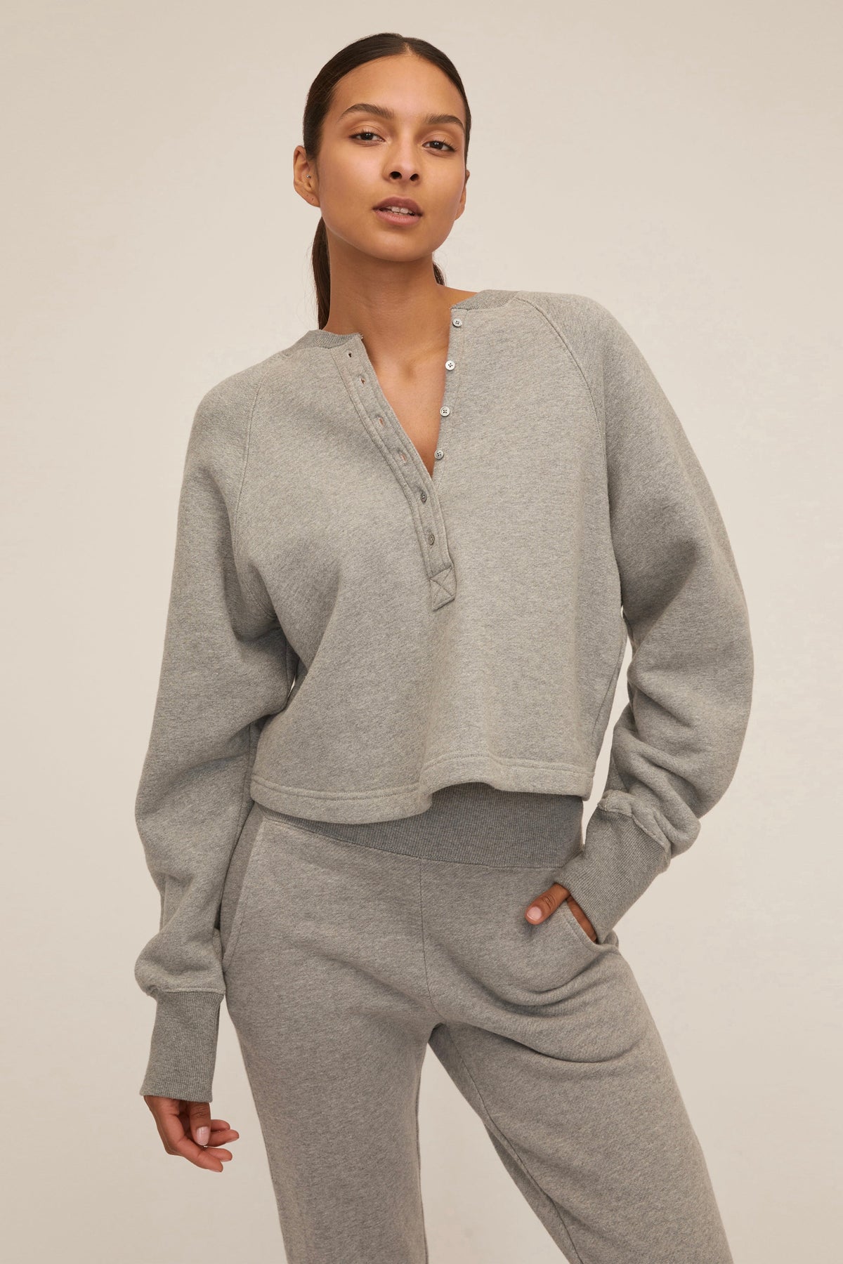 So Uptight French Terry Plunge Henley Sweatshirt in Heather Grey