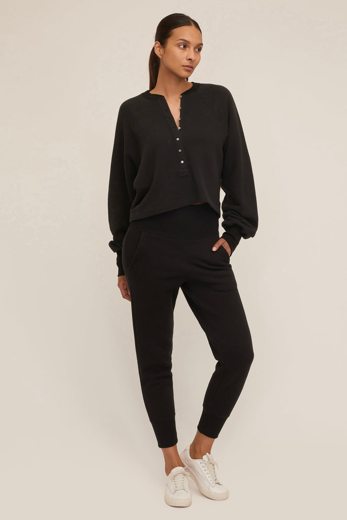 So Uptight French Terry Plunge Henley Sweatshirt in Black