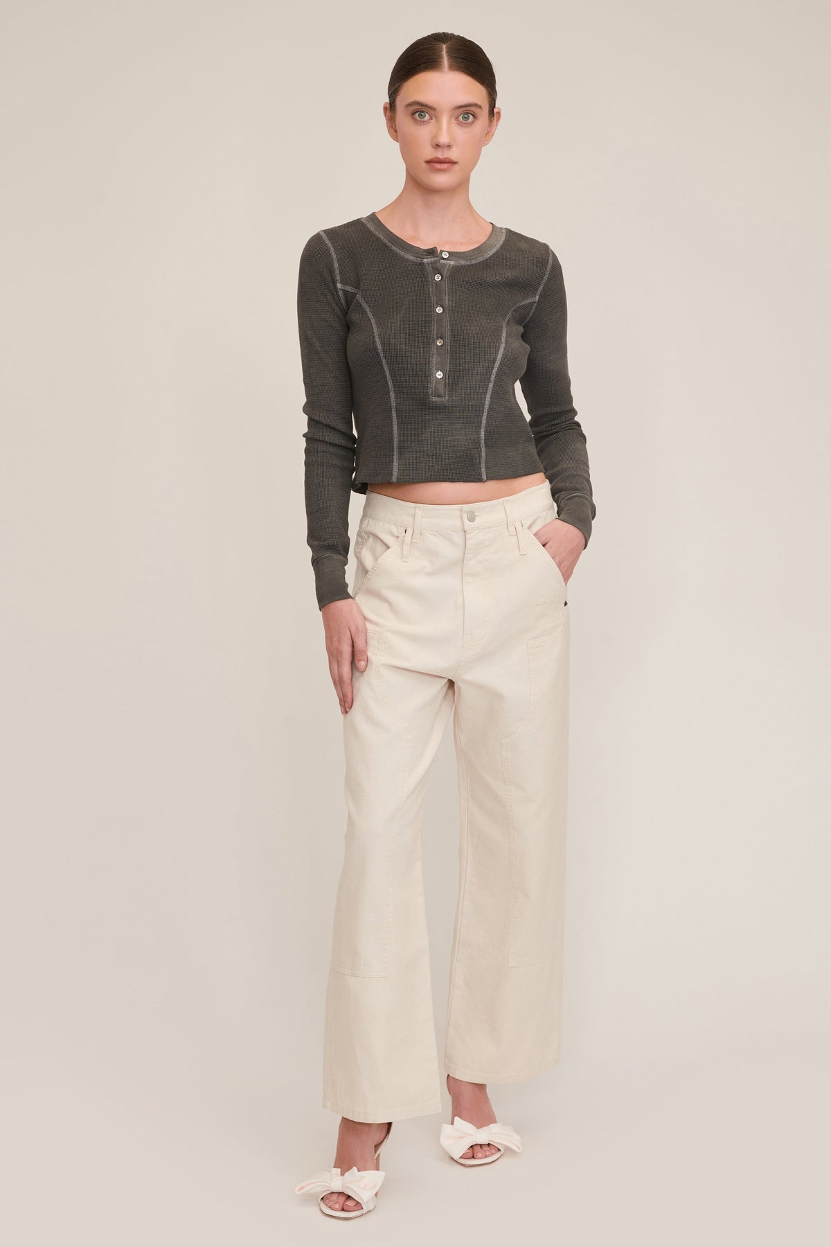 Stretch Waffle Mabel Seamed Henley in Ash | MARISSA WEBB