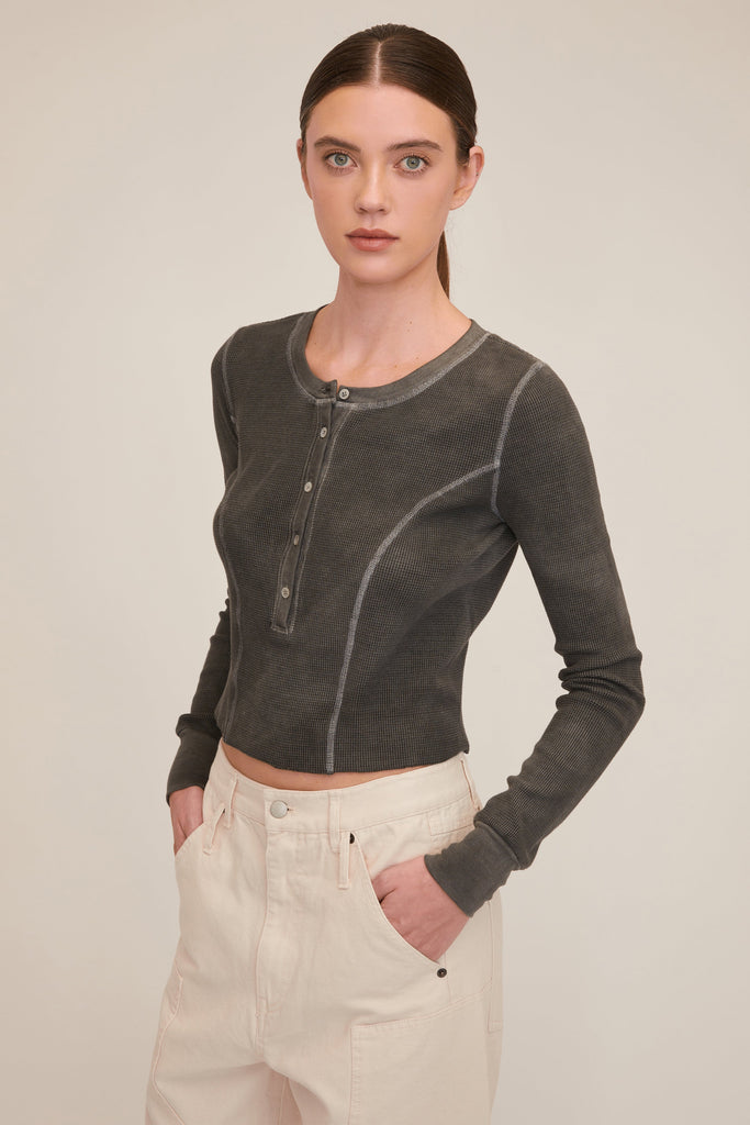 Stretch Waffle Mabel Seamed Henley in Ash | MARISSA WEBB