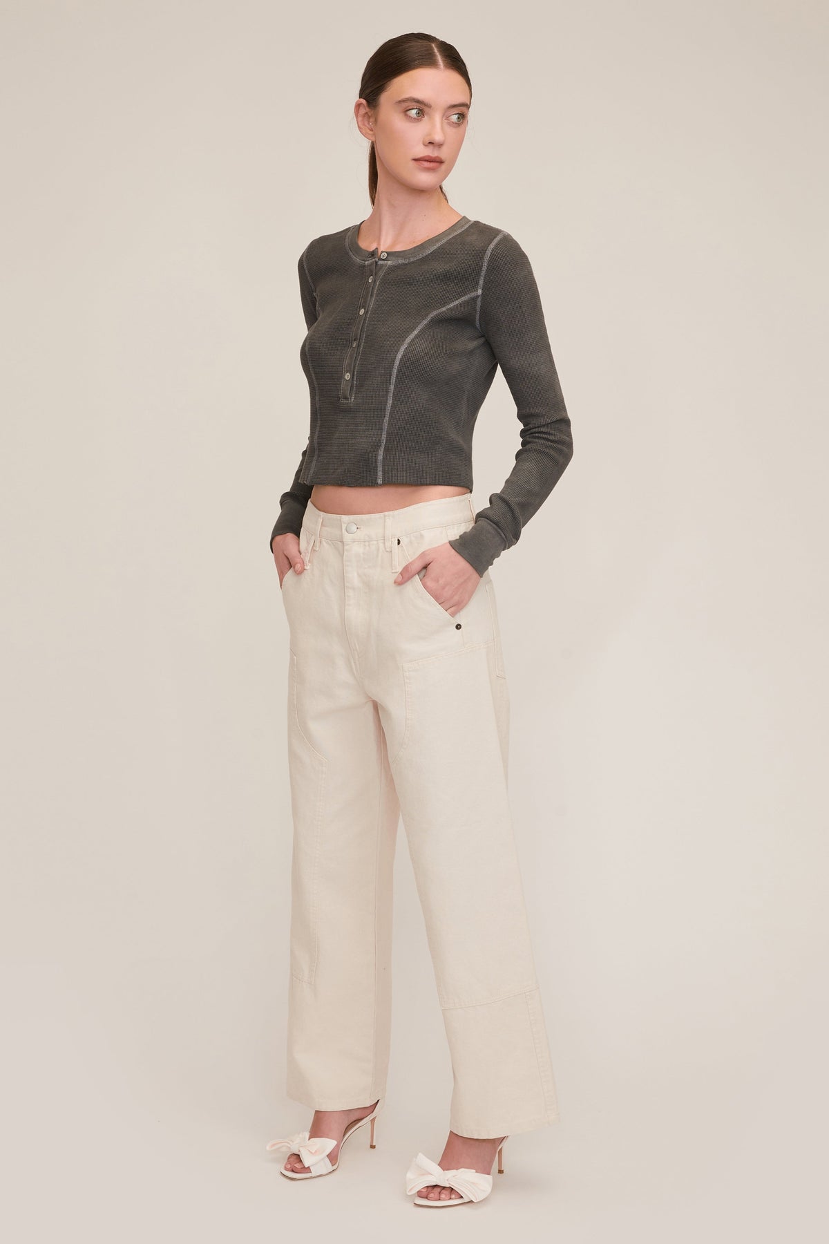 Stretch Waffle Mabel Seamed Henley in Ash | MARISSA WEBB