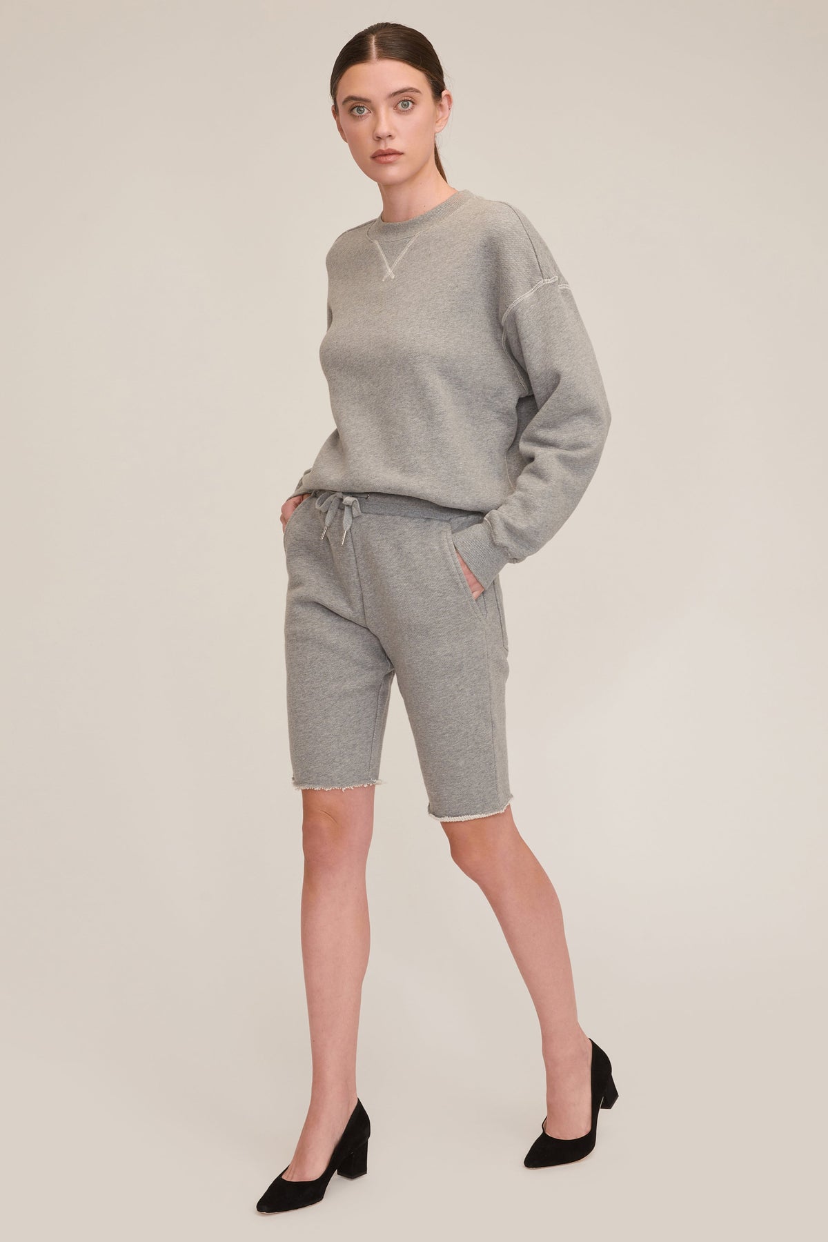 Romy Raw Edge French Terry Bermuda Short in Heather Grey | MARISSA WEBB