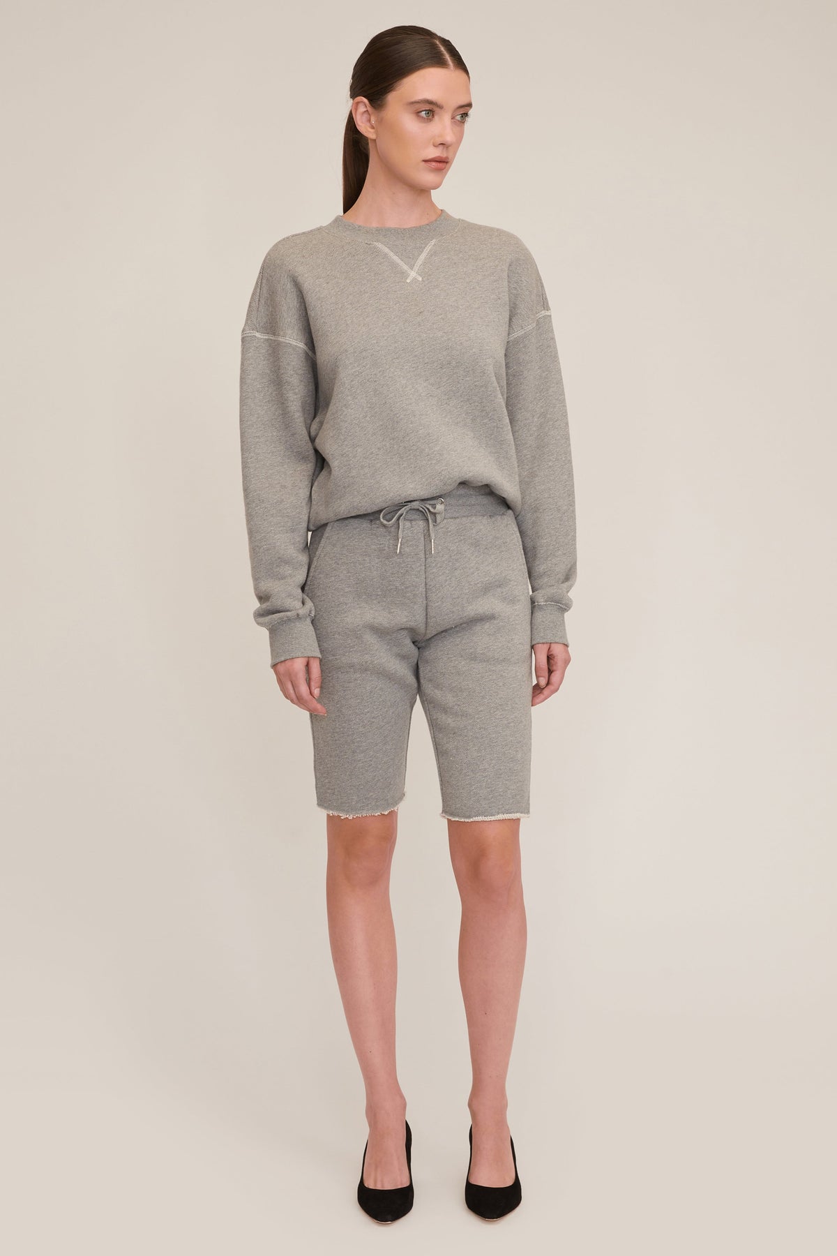 Romy Raw Edge French Terry Bermuda Short in Heather Grey | MARISSA WEBB
