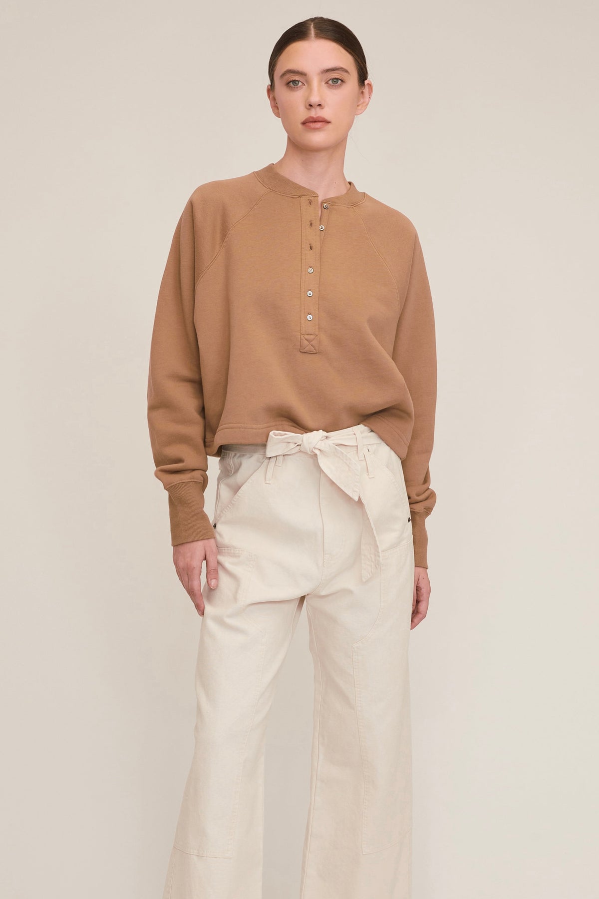 So Uptight Plush Plunge Henley Sweatshirt in Light Mocha | MARISSA WEBB