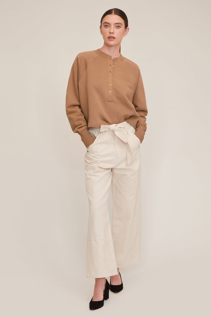 So Uptight Plush Plunge Henley Sweatshirt in Light Mocha | MARISSA WEBB