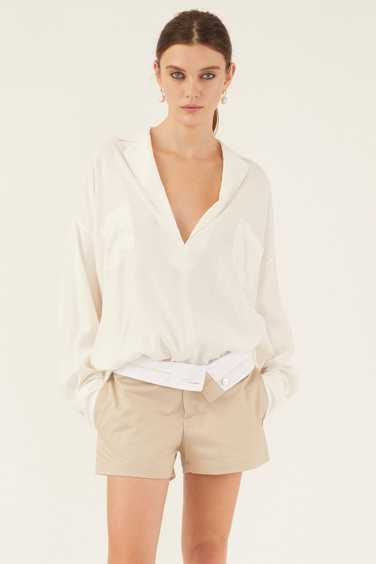 Alessia Soft Notch Collar Tunic Top in Pearl | MARISSA WEBB