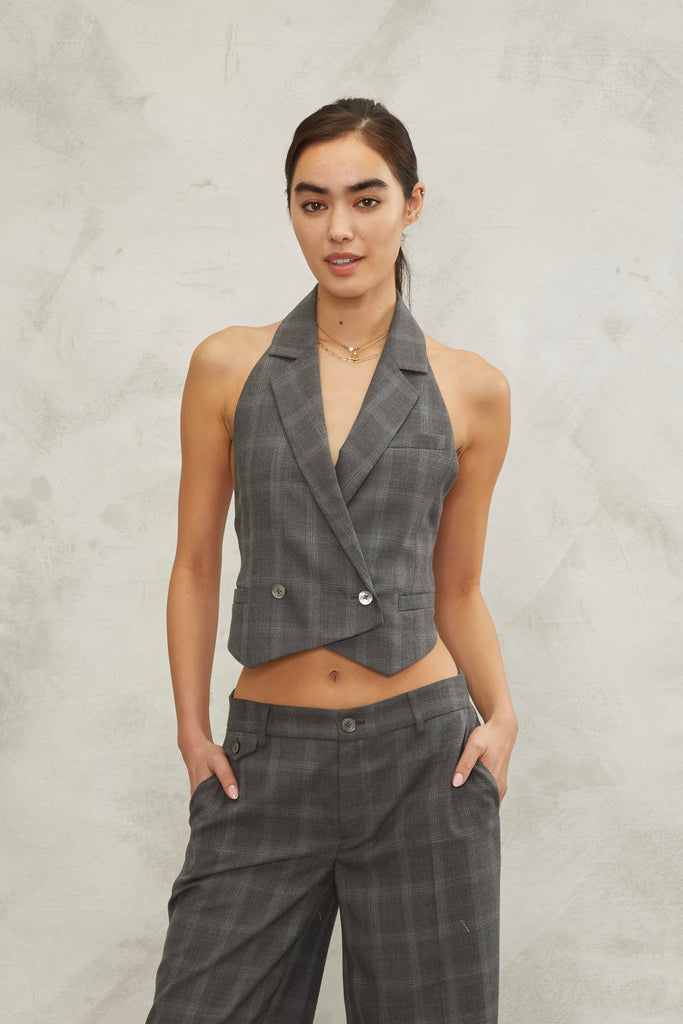 Ava Open Back Cropped Tuxedo Vest in Charlotte Plaid