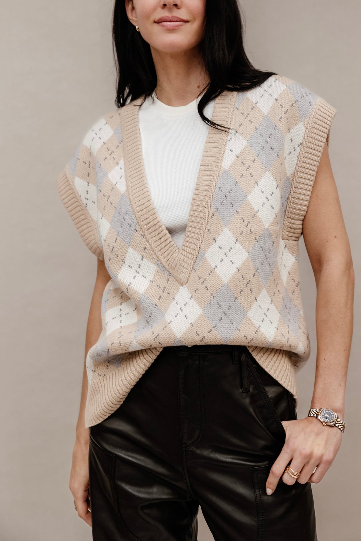Cotton Cashmere V-Neck Sweater Vest - Ivory Camel Multi