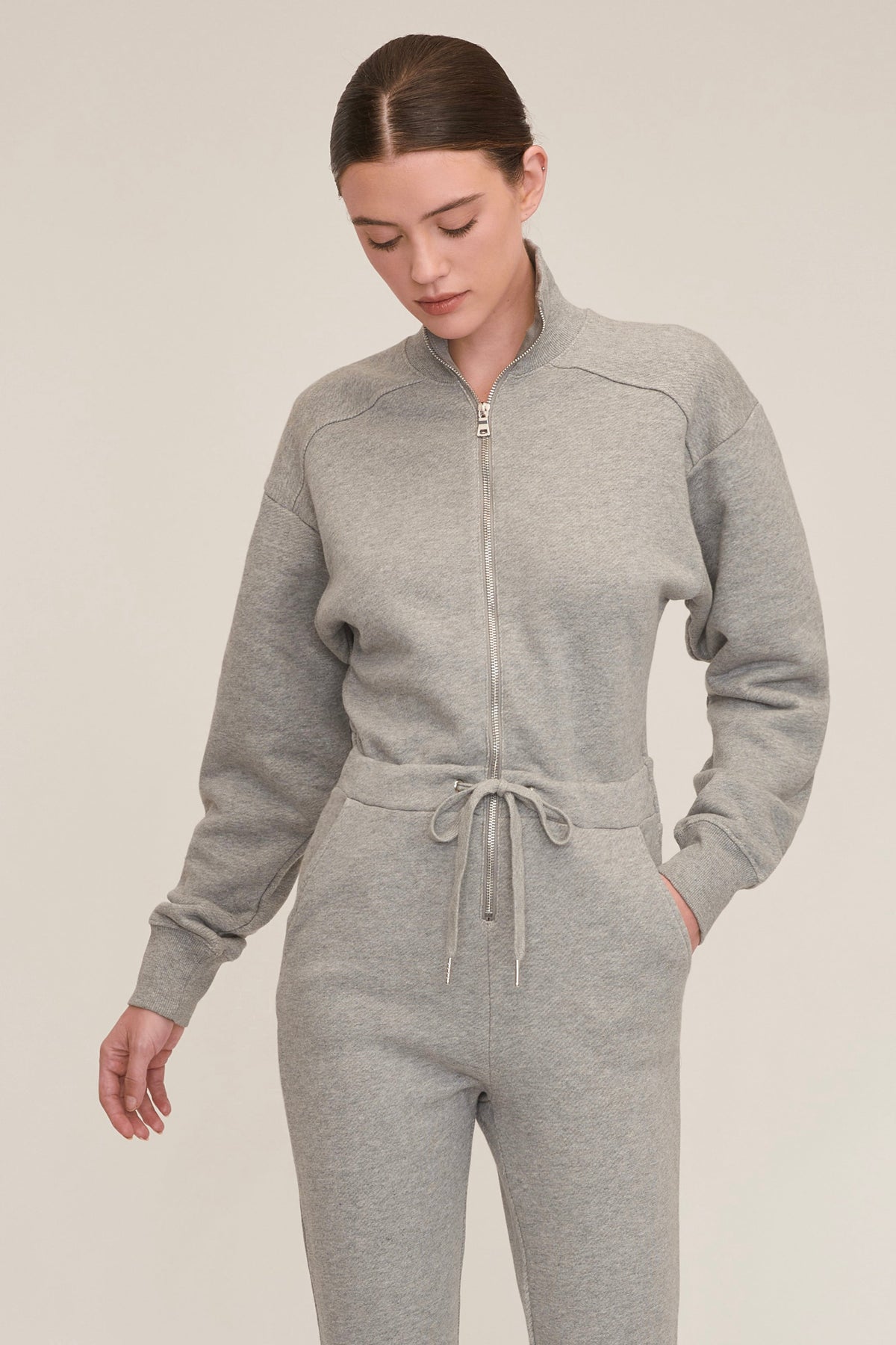 Red-Eye French Terry Zip Front Jumpsuit in Heather Grey | MARISSA WEBB
