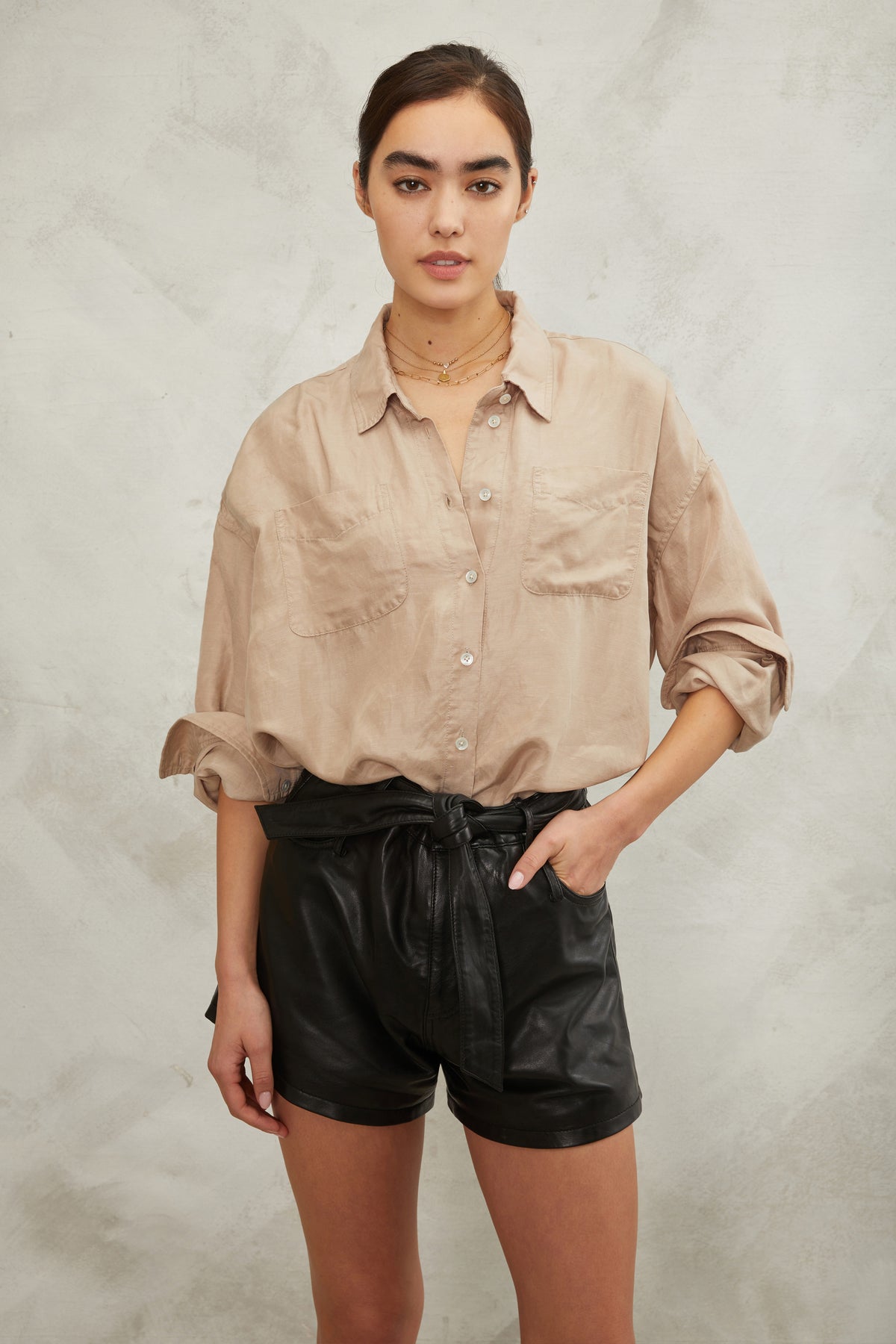 Davie Washed Cupro Button Down in Washed Sepia