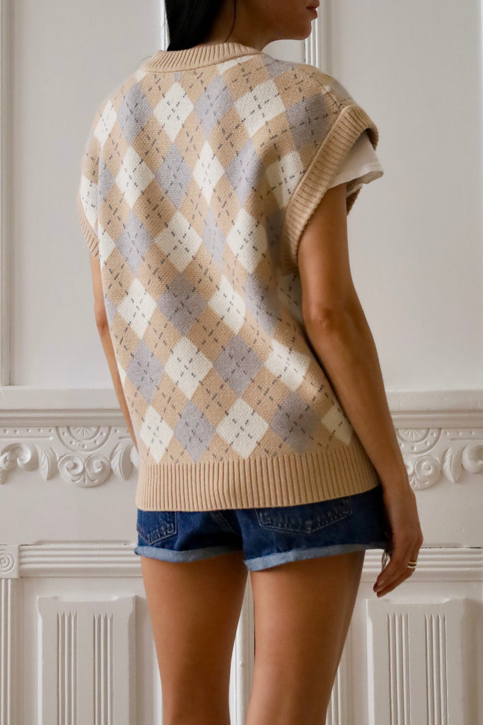 Cotton Cashmere Crewneck Sweater Vest - Camel Grey Multi