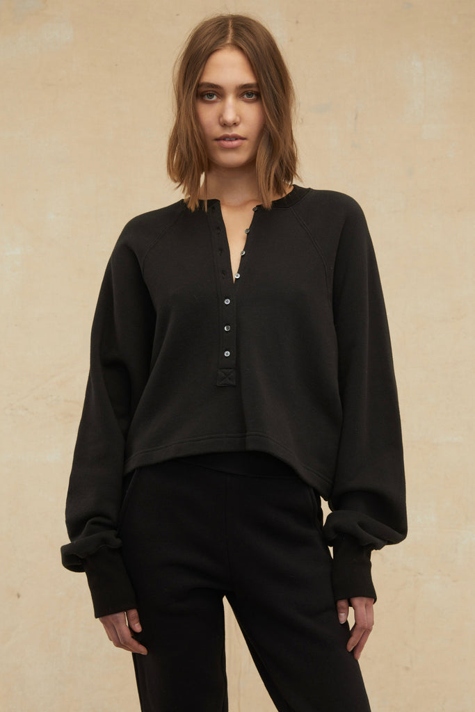 So Uptight French Terry Plunge Henley Sweatshirt in Black