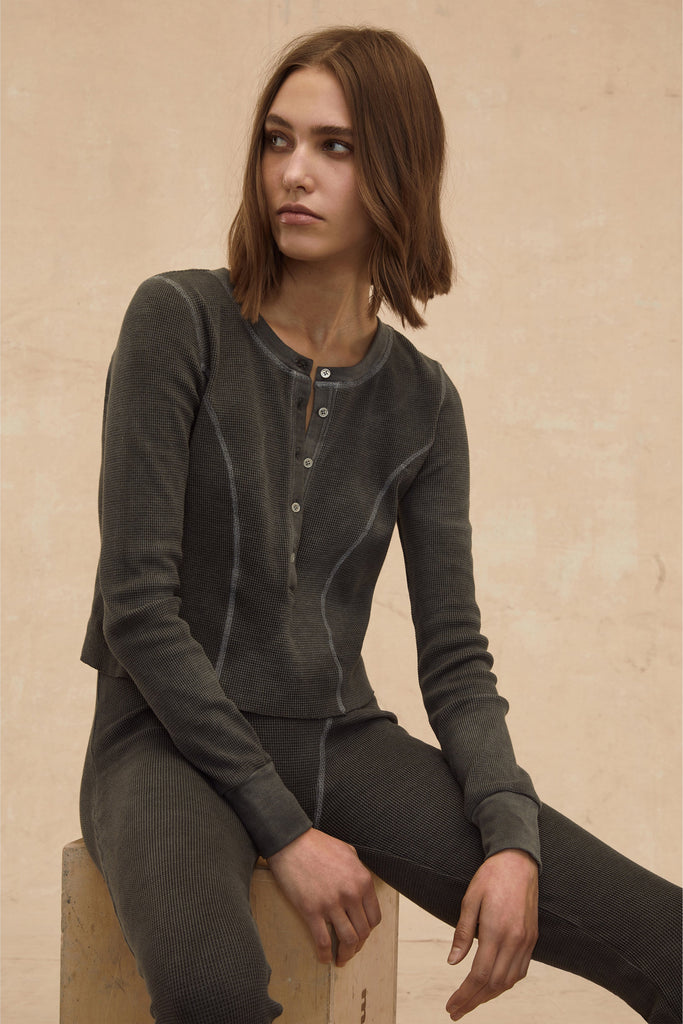 Stretch Waffle Mabel Seamed Henley in Ash | MARISSA WEBB