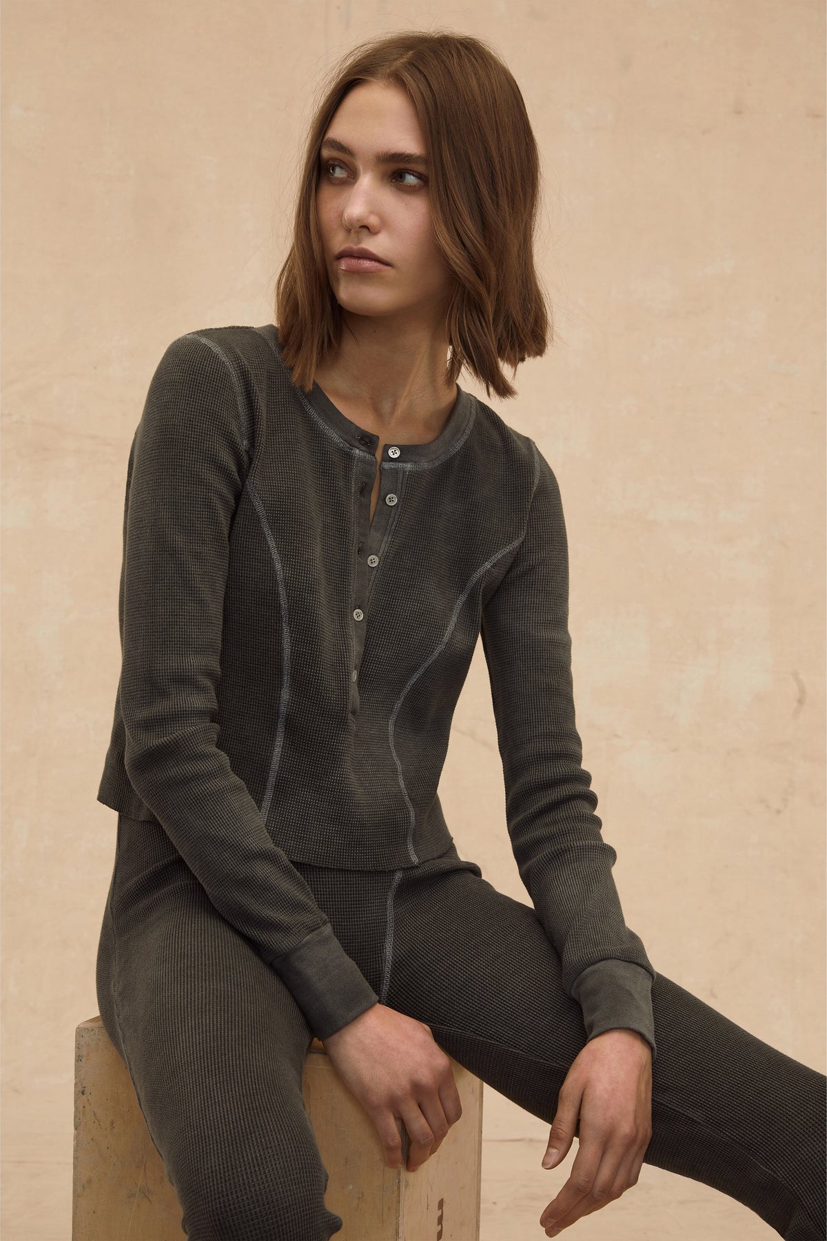 Stretch Waffle Mabel Seamed Henley in Ash | MARISSA WEBB