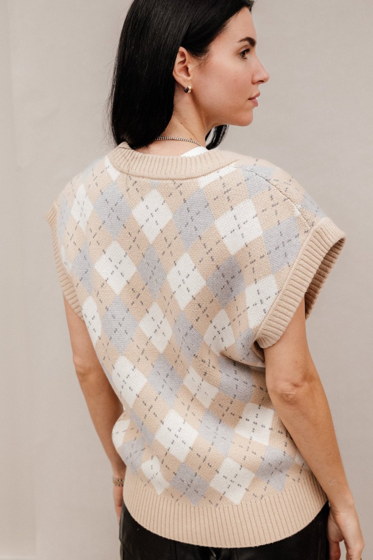 Cotton Cashmere V-Neck Sweater Vest - Ivory Camel Multi