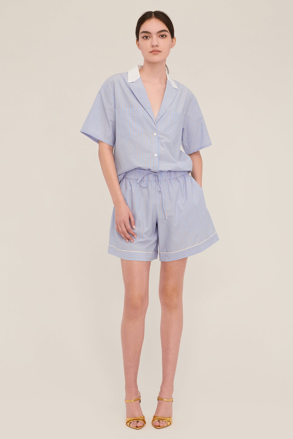 Margo Notch Collar Camp Shirt in Cerulean Edie Stripe White Combo | MARISSA WEBB