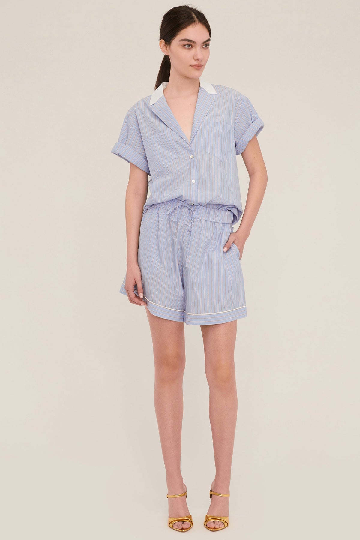 Margo Notch Collar Camp Shirt in Cerulean Edie Stripe White Combo | MARISSA WEBB