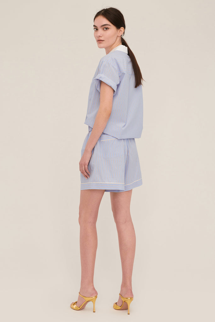 Margo Notch Collar Camp Shirt in Cerulean Edie Stripe White Combo | MARISSA WEBB