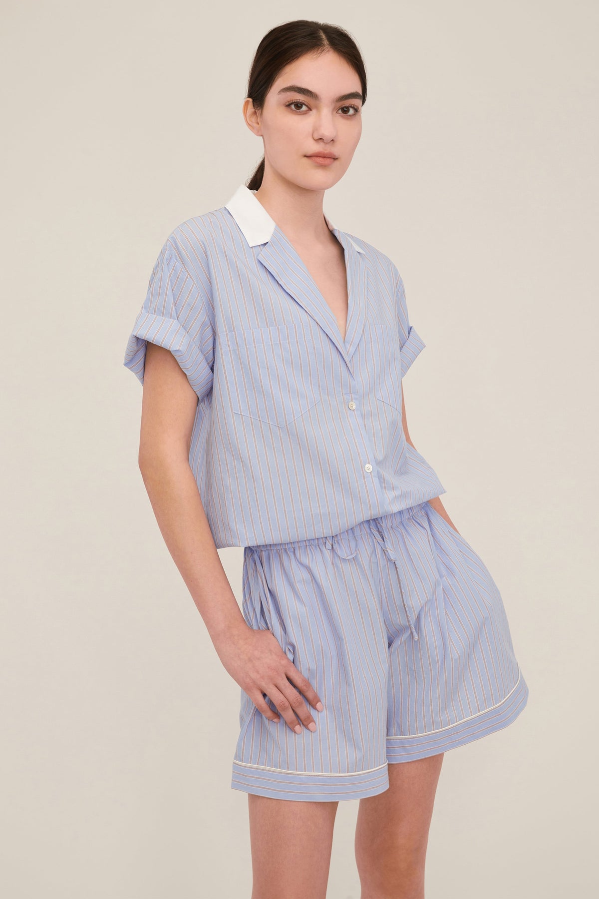 Margo Notch Collar Camp Shirt in Cerulean Edie Stripe White Combo | MARISSA WEBB