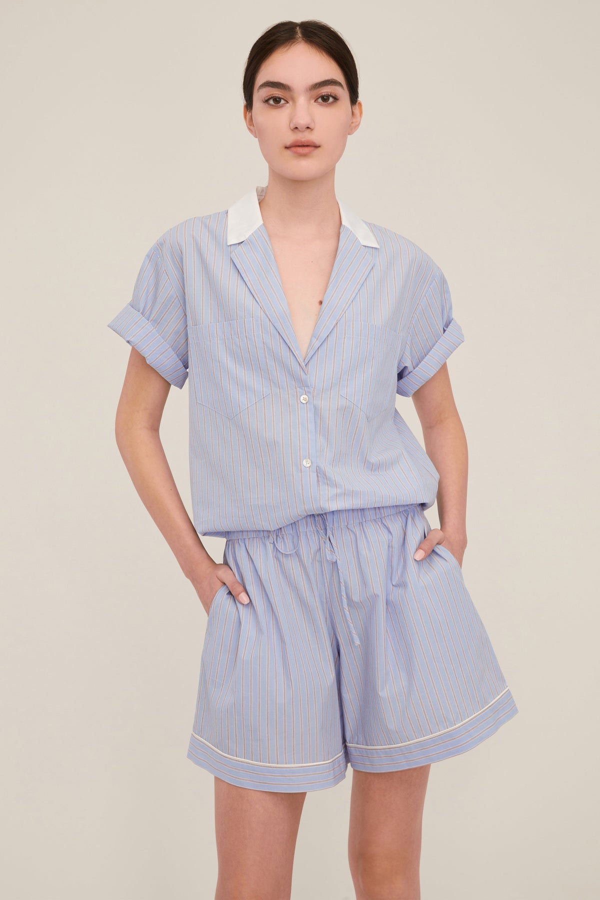 Margo Notch Collar Camp Shirt in Cerulean Edie Stripe White Combo | MARISSA WEBB
