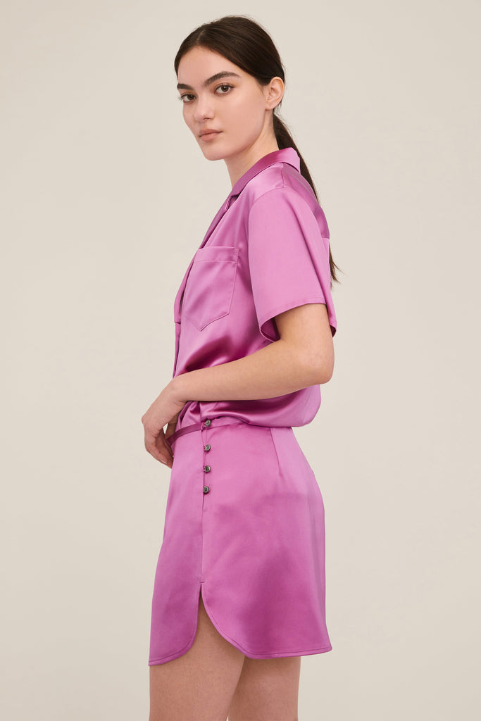 Margo Satin Notch Collar Camp Shirt in Magenta | MARISSA WEBB