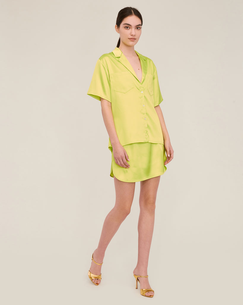 Margo Satin Notch Collar Camp Shirt in Neon Lime | MARISSA WEBB