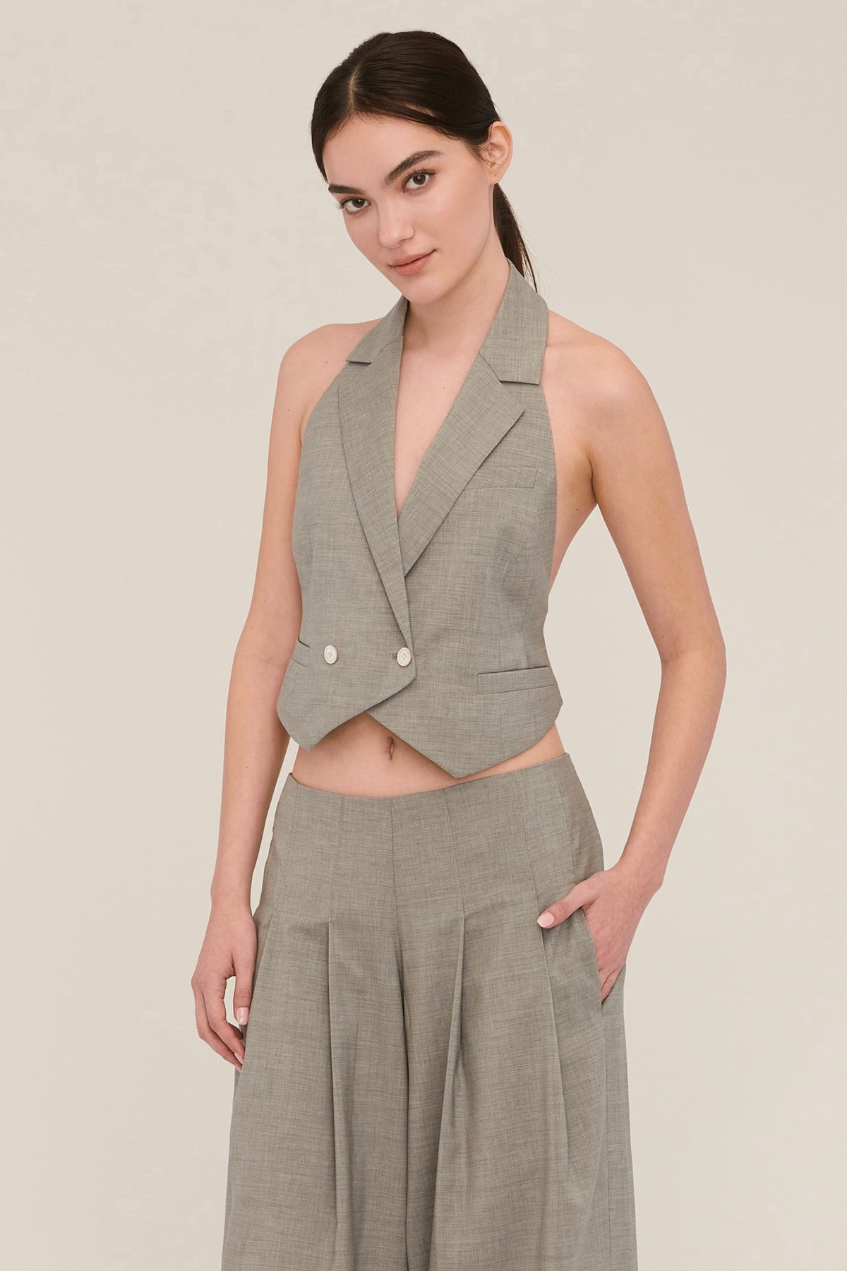 Ava Open Back Cropped Tuxedo Vest in Dove Grey | MARISSA WEBB