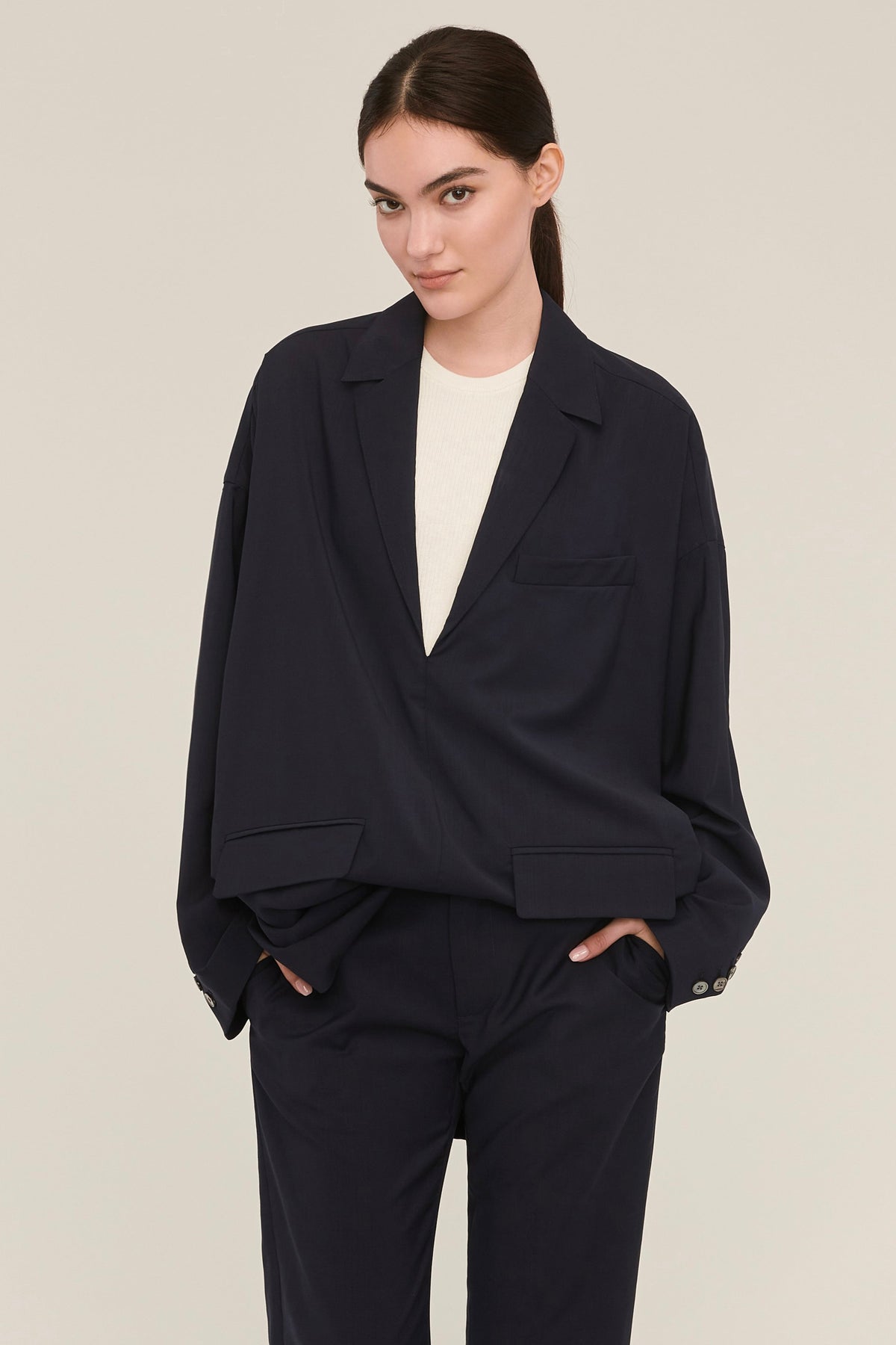 Elaine Tropical Wool Tunic Blazer in Indigo | MARISSA WEBB