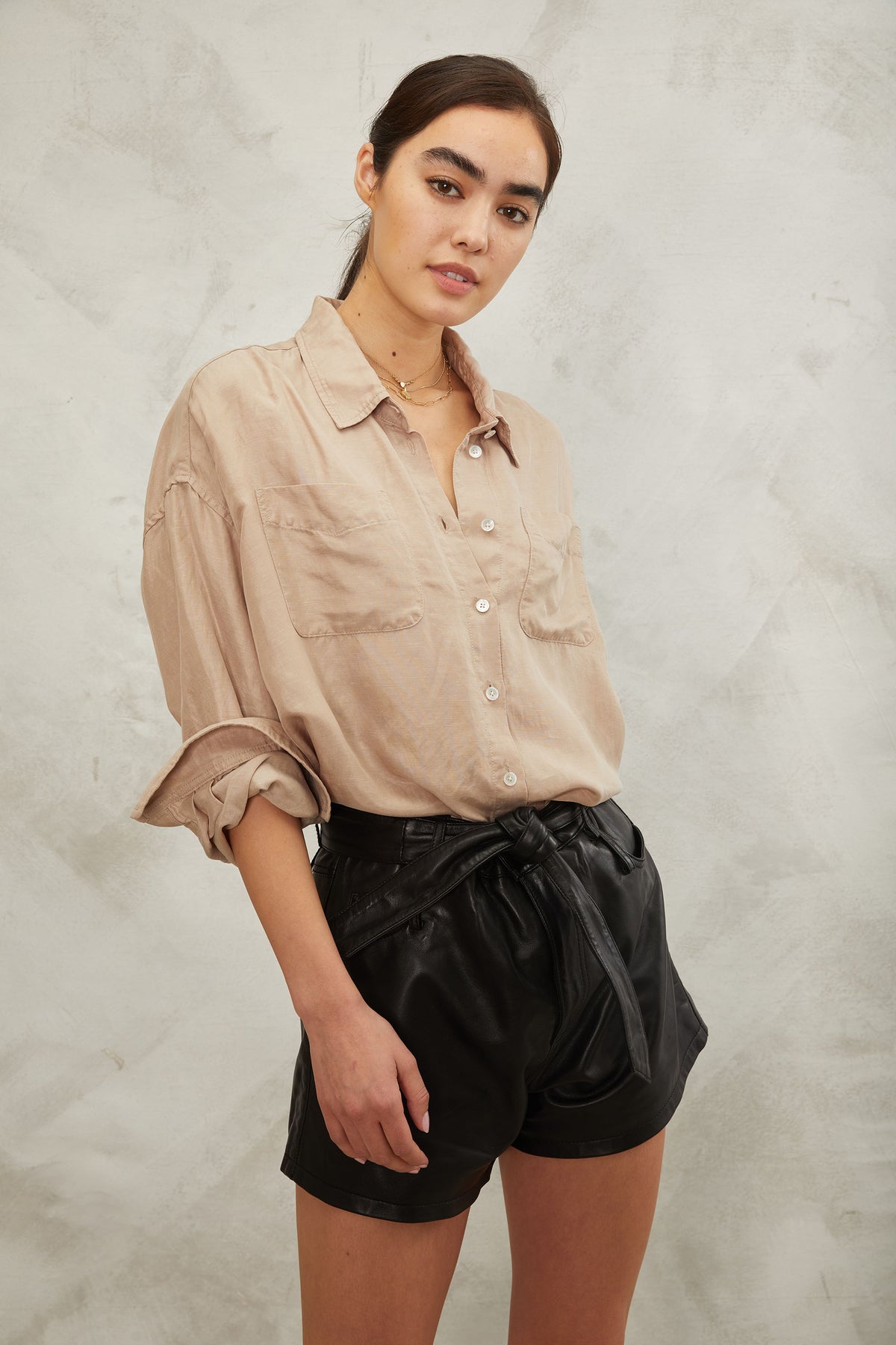 Davie Washed Cupro Button Down in Washed Sepia