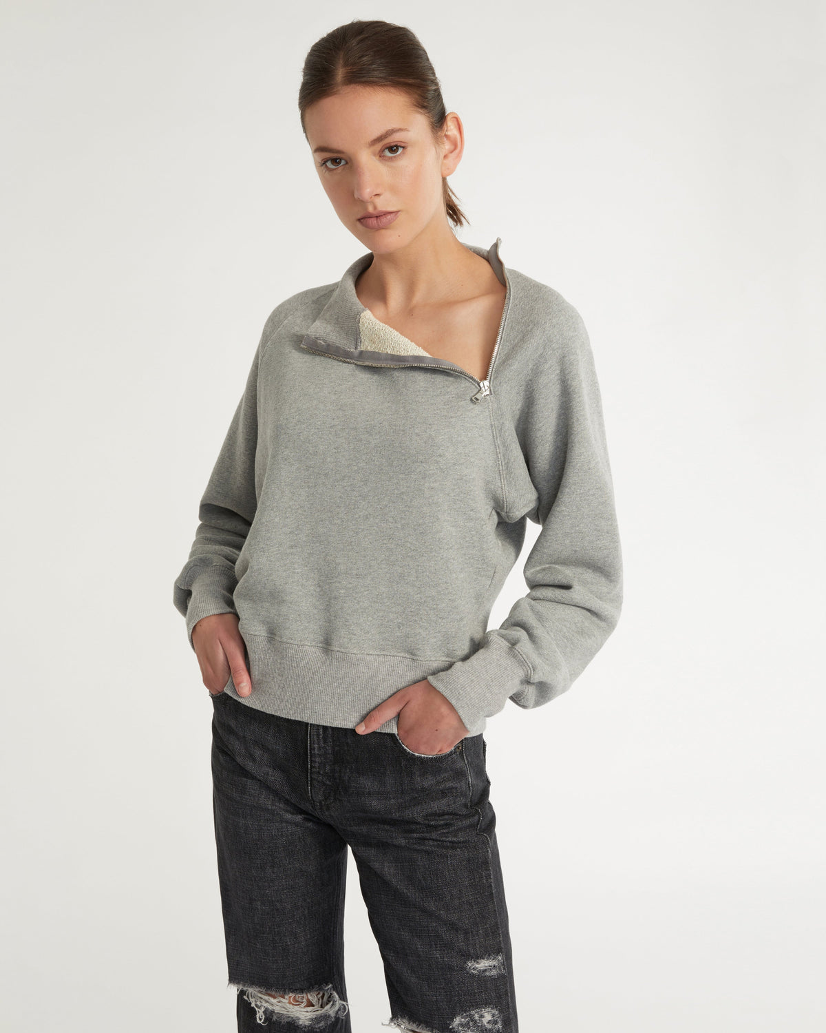 French Terry Funnel Neck Zip Sweatshirt - Heather Grey