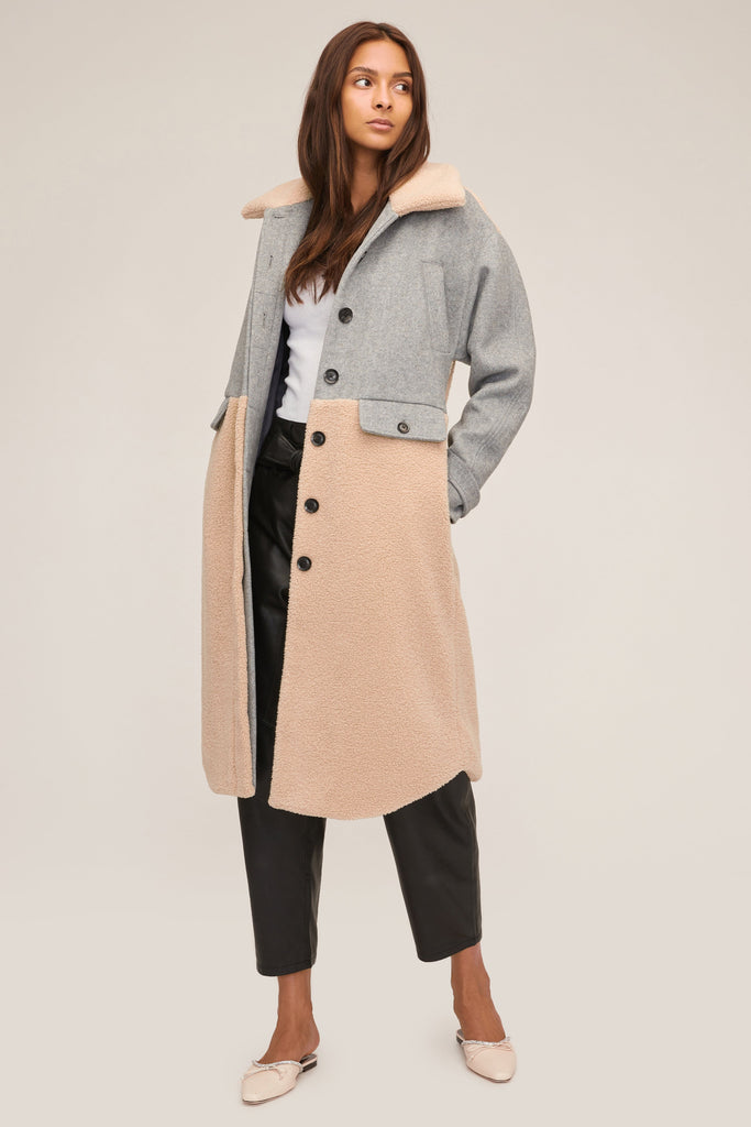 Reese Sherpa Overcoat in Grey Wool Beige Combo | MARISSA WEBB