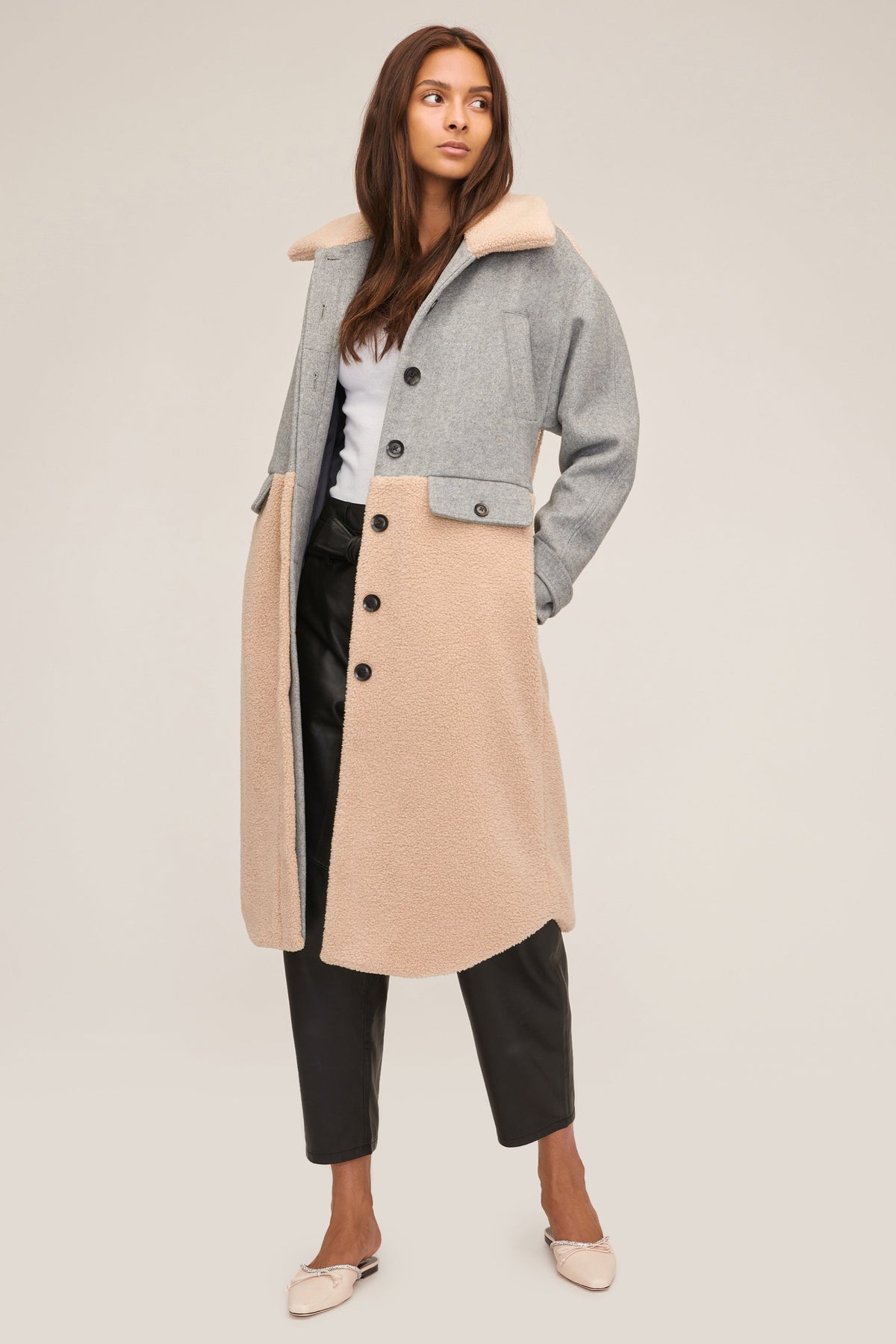 Reese Sherpa Overcoat in Grey Wool Beige Combo | MARISSA WEBB