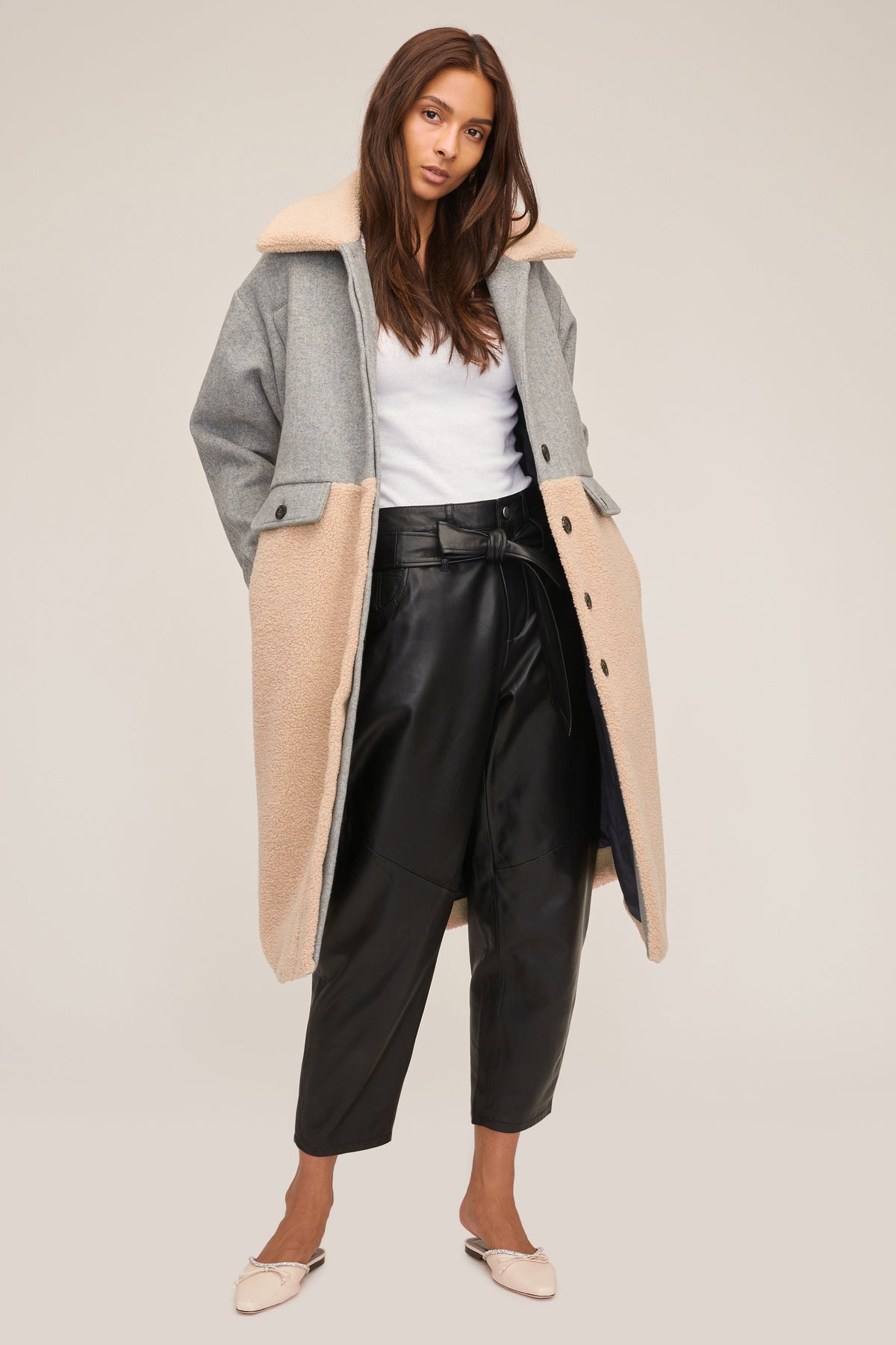 Reese Sherpa Overcoat in Grey Wool Beige Combo | MARISSA WEBB
