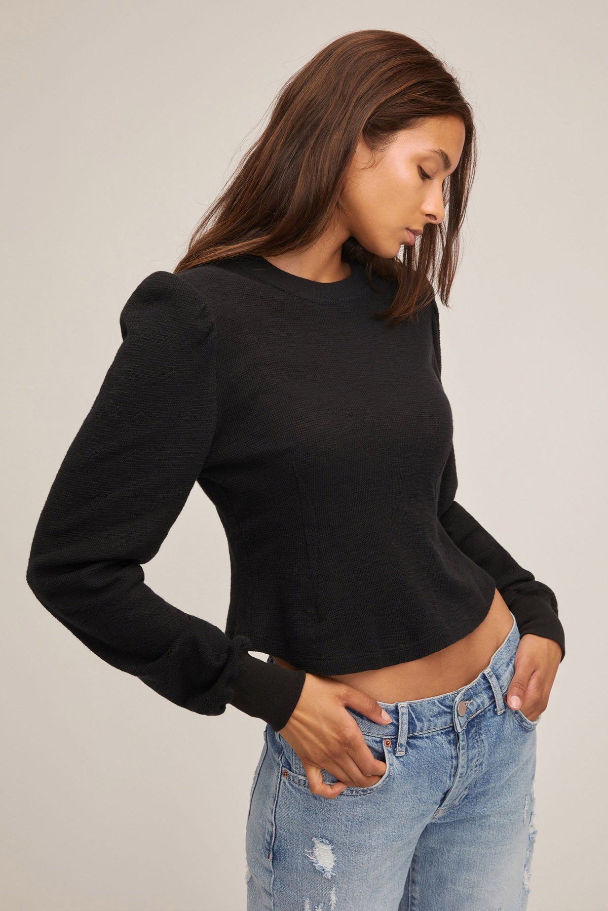 Puff Sleeve Waffle Knit Pullover - Black