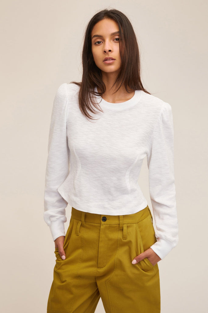 Puff Sleeve Waffle Knit Pullover - White