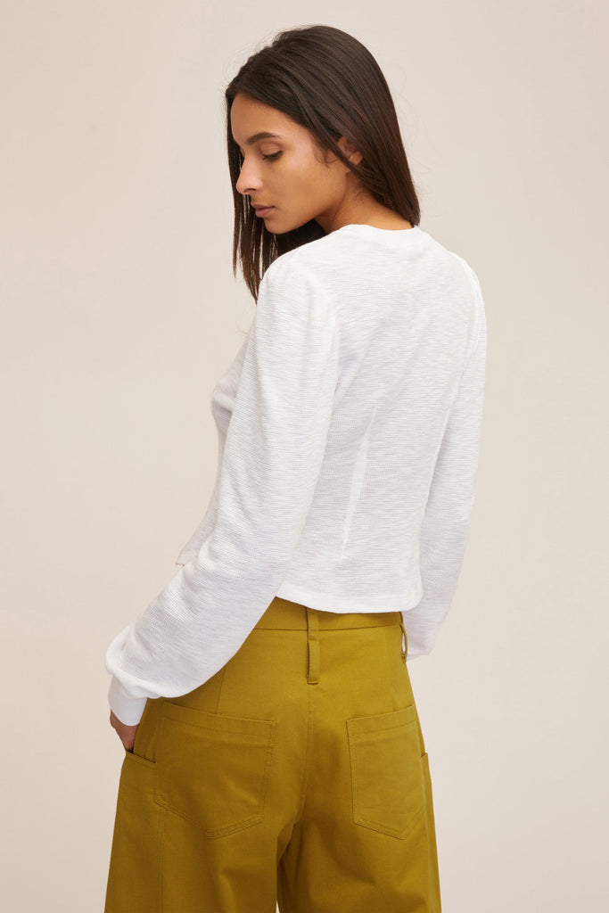 Puff Sleeve Waffle Knit Pullover - White