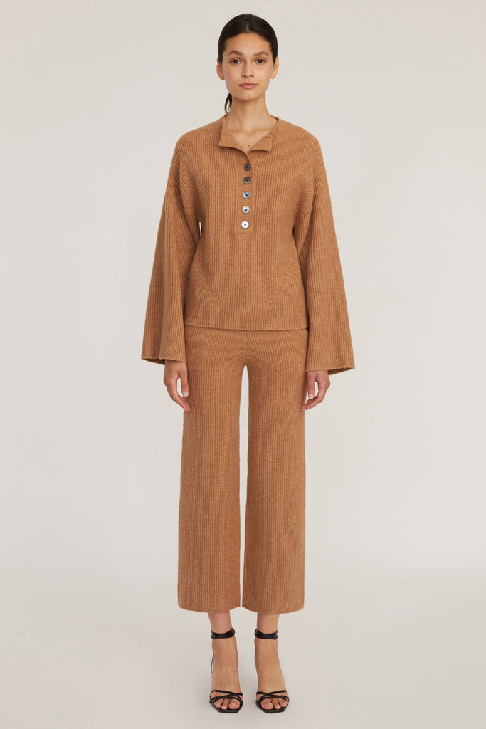 Arie Ribbed Cashmere Blend Henley Sweater in Camel